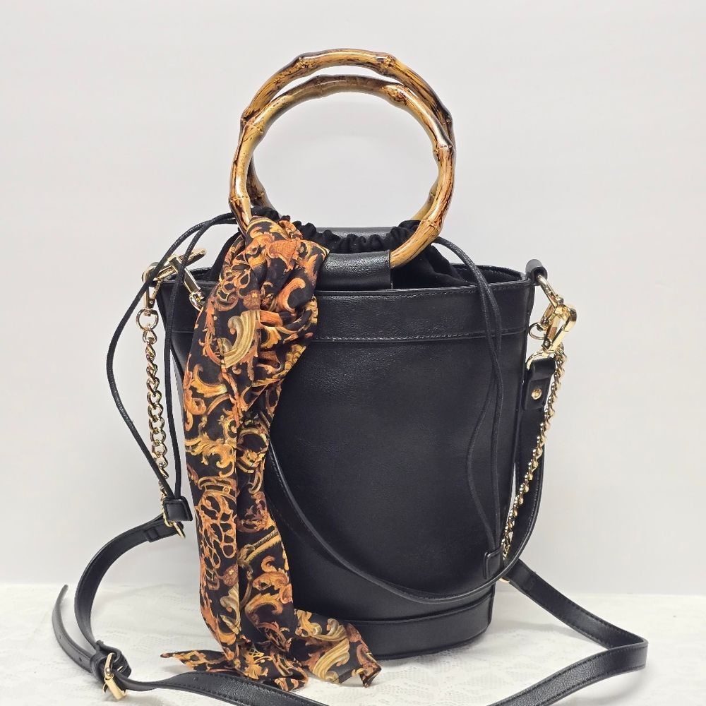 INC International Concepts Bamboo Bucket Crossbody Black Bag With Paisley Scarf